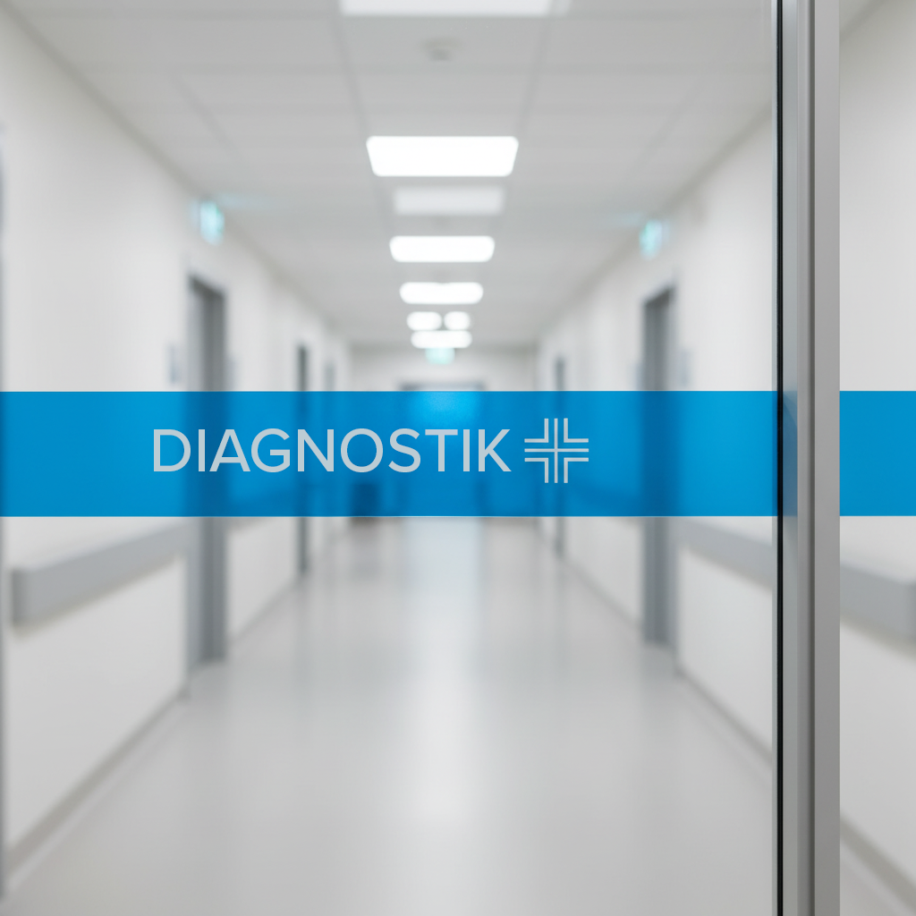 Zastosowanie folii translucentnej jako elementu nawigacji medycznej: niebieski pas z oznaczeniem działu diagnostyki na przeszklonych drzwiach przesuwnych.
