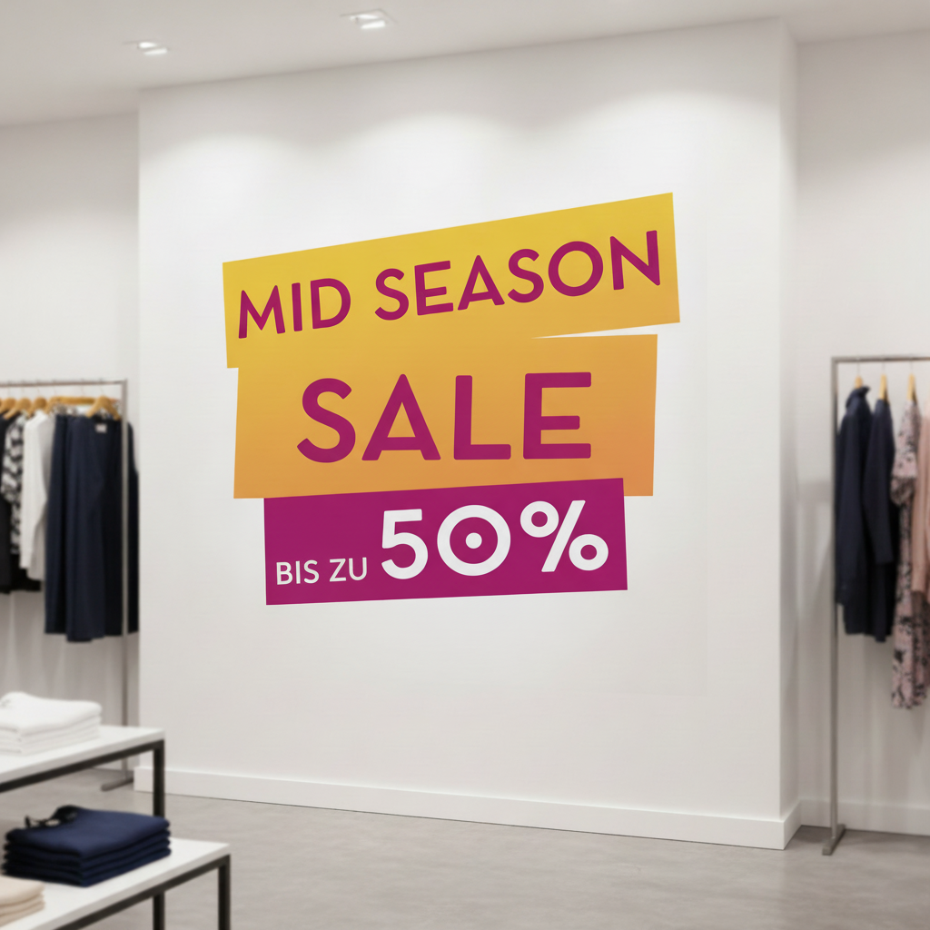 Samoprzylepna folia ścienna z grafiką „Mid-Season Sale” w sklepie odzieżowym, umieszczona w dużym formacie na gładkiej ścianie wewnętrznej.